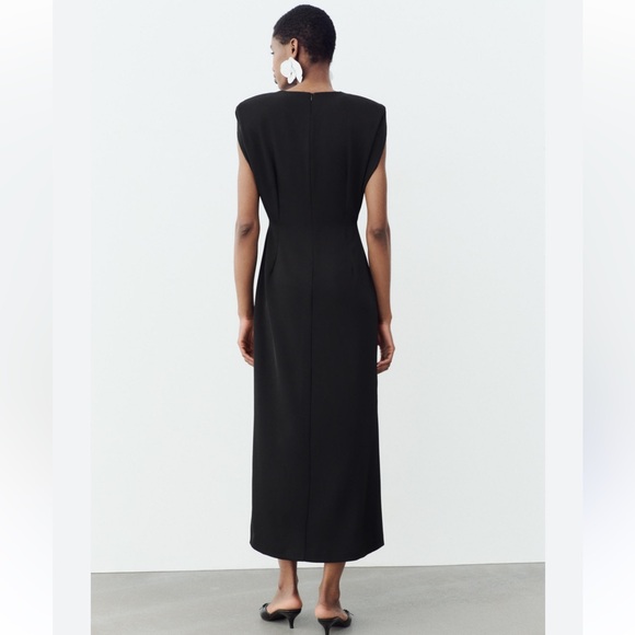 ZARA Shoulder Pad Crepe Midi Dress Black Fitted waist shoulder pads Size S NWT - Picture 6 of 16